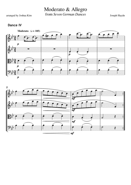 Moderato & Allegro from Seven German Dances by J. Haydn for String Quartet (arr. Joshua S. Kim)