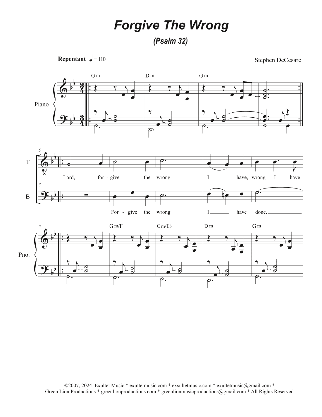 Forgive The Wrong (Psalm 32) (Duet for Tenor and Bass solo)