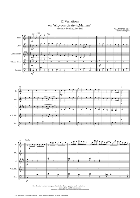 Mozart:12 Variations on "Ah, vous dirais-je, Maman”-Twinkle,Twinkle Little Star K265 - wind quintet (arr. Ray Thompson)