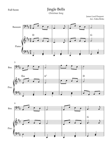 Jingle Bells (Christmas Song) for Bassoon Solo and Piano Accompaniment with Chords (arr. Fabio Britto)