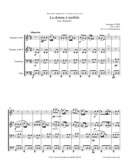 Verdi: La Donna e Mobile - Brass Quartet (arr. Anne L Christopherson GRSM ARCM)