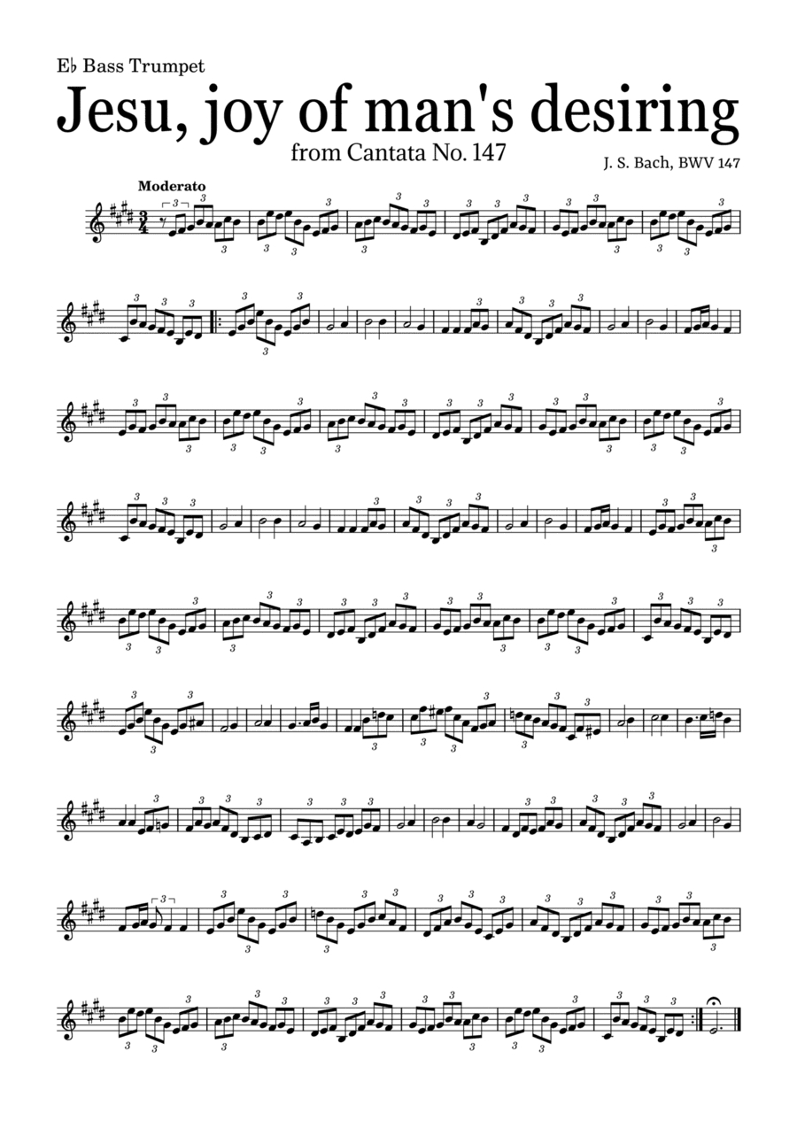 JESU, JOY OF MAN'S DESIRING by Bach - easy version for E? Bass Trumpet and piano with chords (arr. Leyandder Trustworthy)