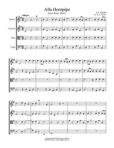 Alla Hornpipe from Water Music for easy string quartet (G Major) (arr. K. Krantz)