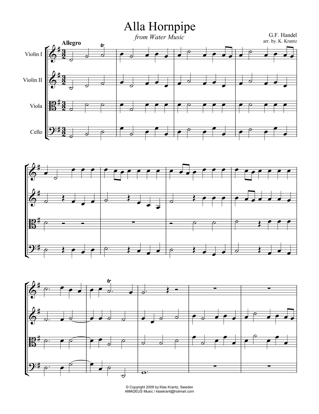 Alla Hornpipe from Water Music for easy string quartet (G Major) (arr. K. Krantz)