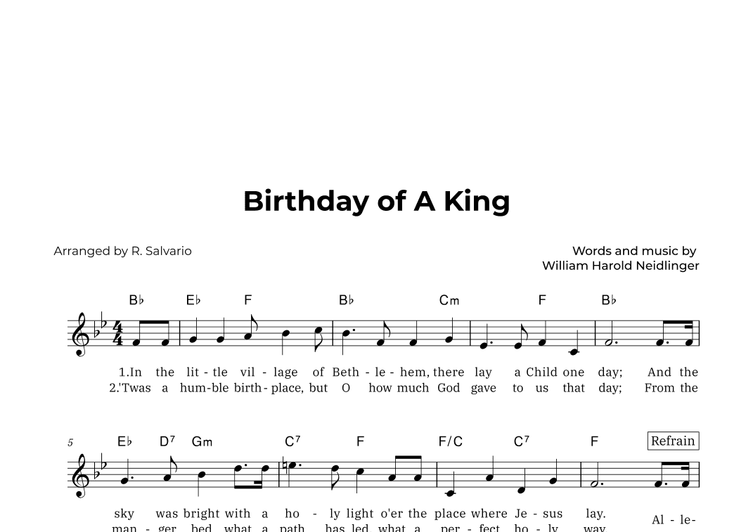Birthday of A King (Key of B-Flat Major) (arr. R. Salvario)