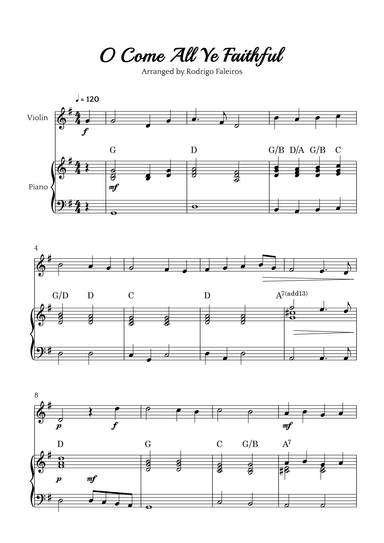 O Come All Ye Faithful (for violin and piano accompaniment) (arr. Rodrigo Faleiros)