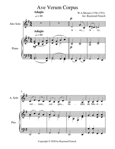 Ave Verum Corpus Alto Voice and Piano - Intermediate level (arr. Raymond Fenech)