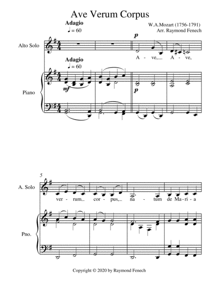 Ave Verum Corpus Alto Voice and Piano - Intermediate level (arr. Raymond Fenech)