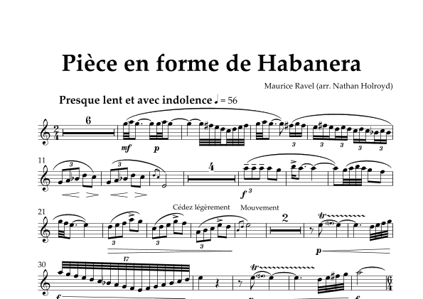 Pièce en forme de habanera (arr. for B-flat saxophone and harp) Saxophone Part (arr. Nathan Holroyd)