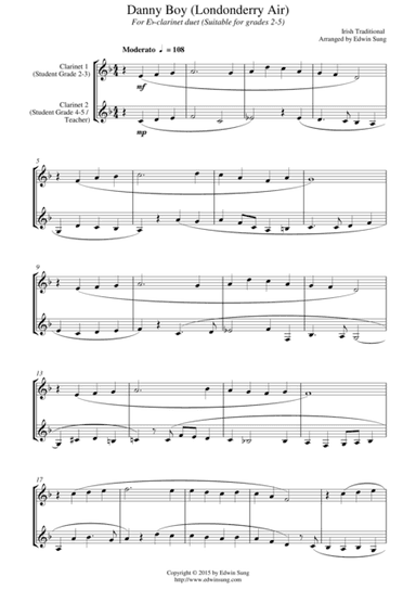 Danny Boy (Londonderry Air) (for Eb-Clarinet duet, suitable for grades 2-5) (arr. Edwin Sung)