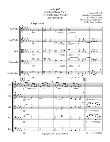 Largo (from "Symphony No. 9") ("From the New World") (Db) (String Quintet - 2 Violins, 1 Viola, 1 Ce (arr. Regis Bookshar)