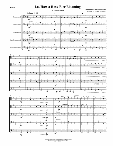 Traditional Christmas - Lo, How a Rose E'er Blooming for Trombone Quintet (arr. McKinney, Russell)