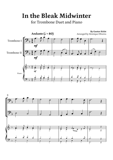 In the Bleak Midwinter (Trombone Duet and Piano) - Beginner Level (arr. Henrique Oliveira)