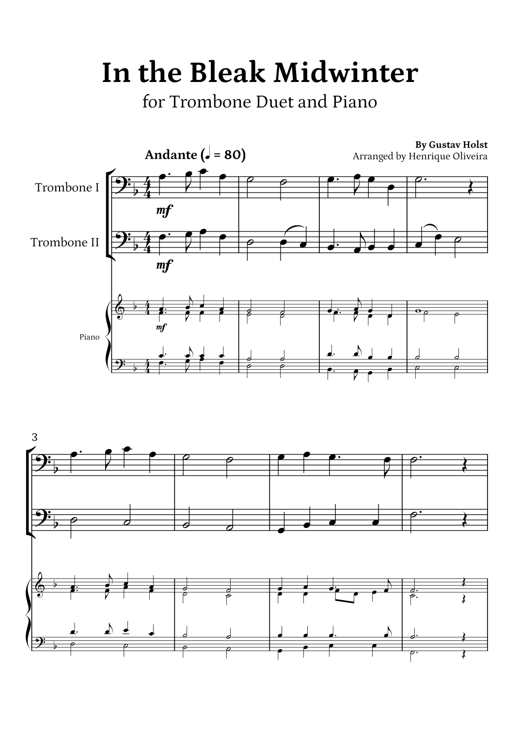 In the Bleak Midwinter (Trombone Duet and Piano) - Beginner Level (arr. Henrique Oliveira)
