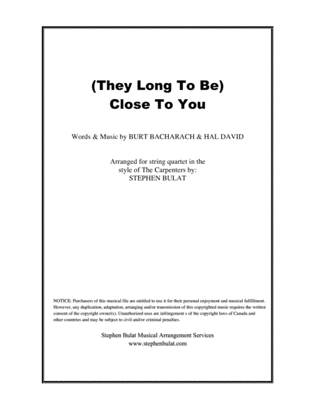 (they Long To Be) Close To You (arr. Stephen Bulat)