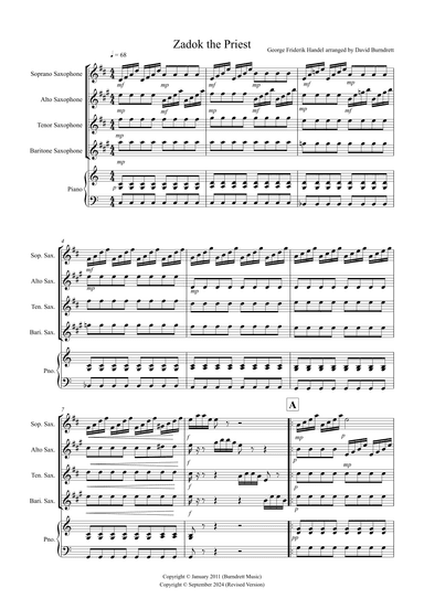 Zadok the Priest for Saxophone Quartet (arr. David Burndrett)
