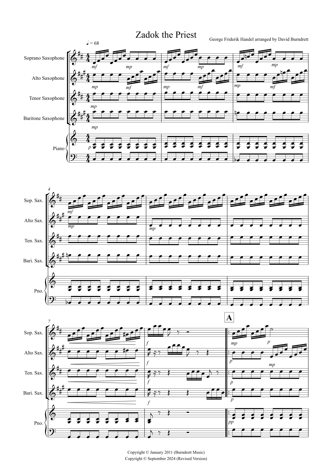 Zadok the Priest for Saxophone Quartet (arr. David Burndrett)