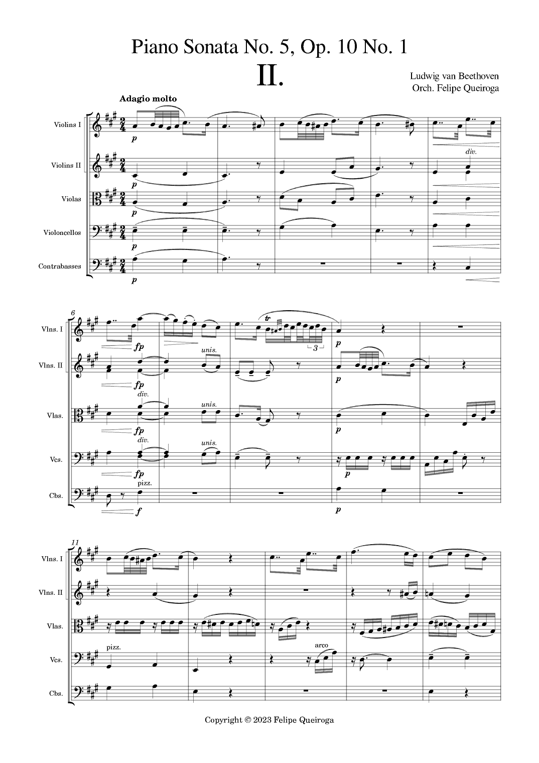 Piano Sonata No. 5, Op. 10 No. 1, 2nd Movement - Score Only (arr. Felipe Queiroga)