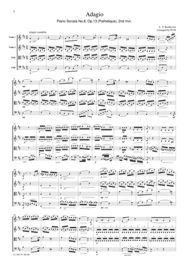 Beethoven  Piano Sonata No.8, Op.13 (Pathetique), 2nd mvt., for string quartet, CB007 (arr. FCMUSIC)