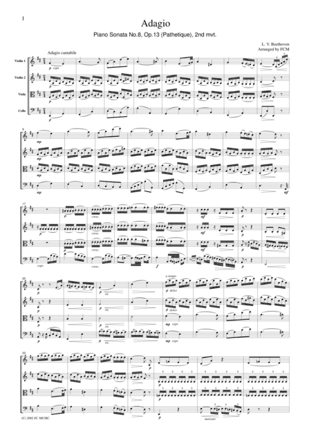 Beethoven  Piano Sonata No.8, Op.13 (Pathetique), 2nd mvt., for string quartet, CB007 (arr. FCMUSIC)