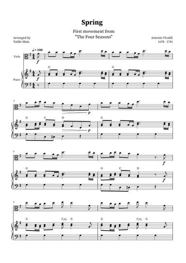 Spring - The Four Seasons for Viola and Piano (G Major with chords) (arr. Valdir Maia)