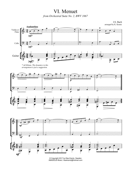 Menuet Suite 2 BWV 1067 for violin, cello and guitar (arr. K. Krantz)
