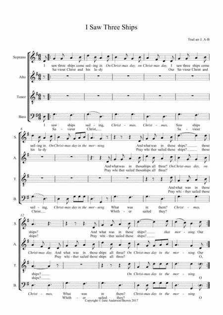 Christmas carol: I saw three ships SATB unaccompanied. (arr. Jane Anderson-Brown)