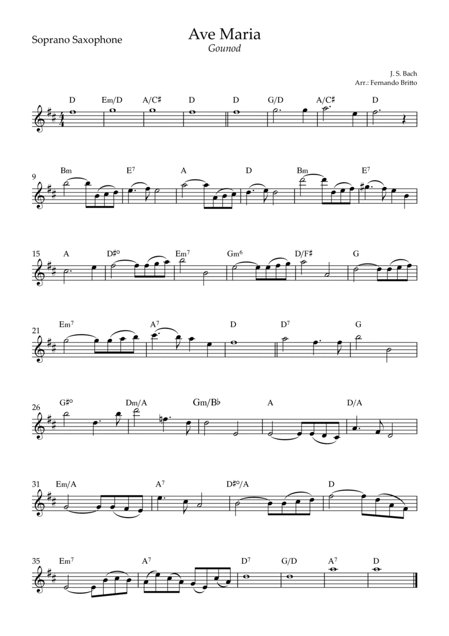 Ave Maria (Gounod) for Soprano Saxophone Solo with Chords (C Major) (arr. Fernando Britto)