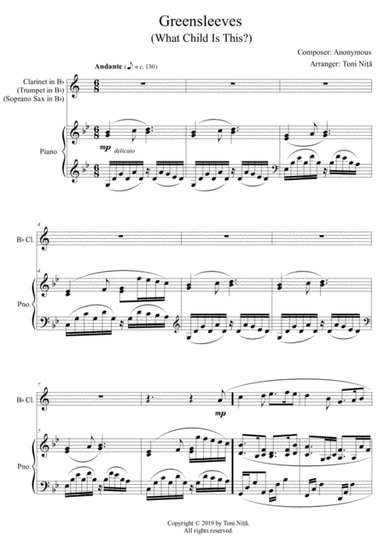 Greensleeves (What Child Is This?) - Piano & Clarinet (alternatively, Trumpet in Bb or Soprano Sax i (arr. Toni Nita)