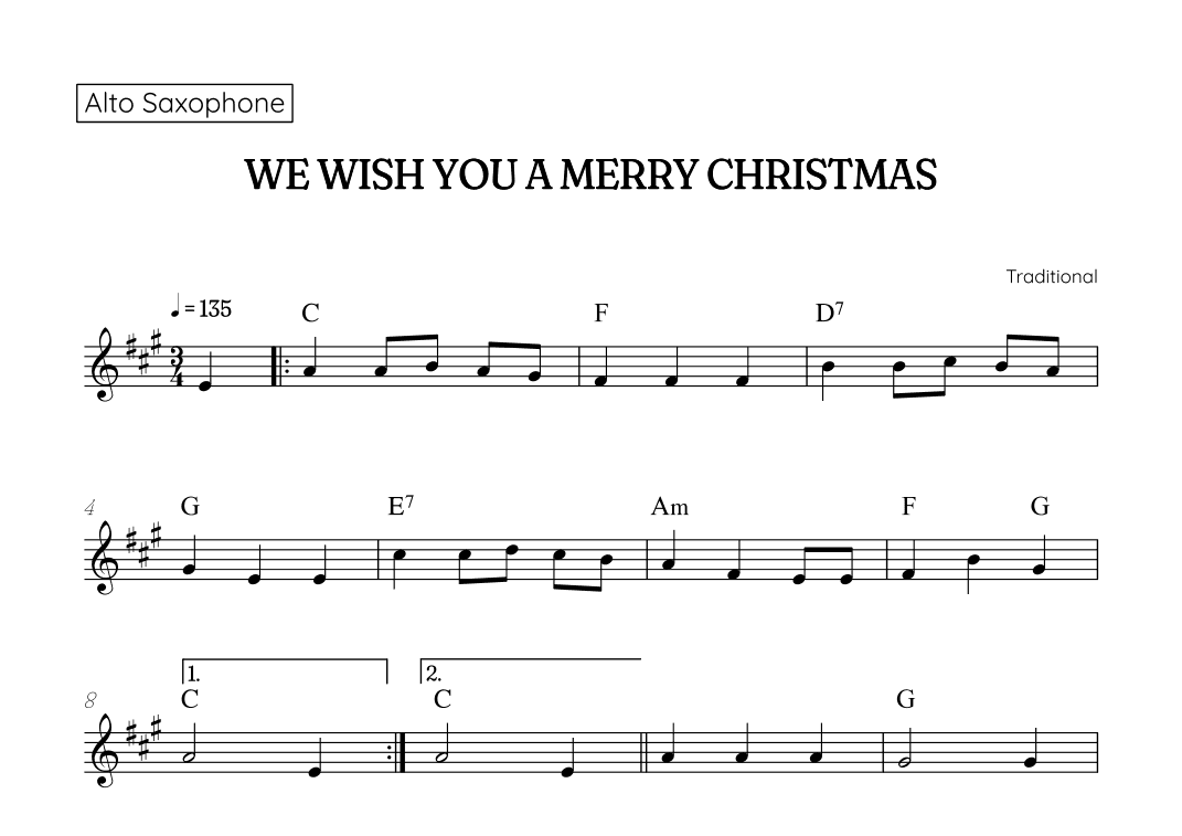 We Wish You a Merry Christmas for sax • easy Christmas sheet music with chords (arr. Benzaiten Editions)