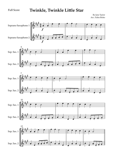 Twinkle, Twinkle Little Star for Soprano Saxophone Duo (arr. Fabio Britto)