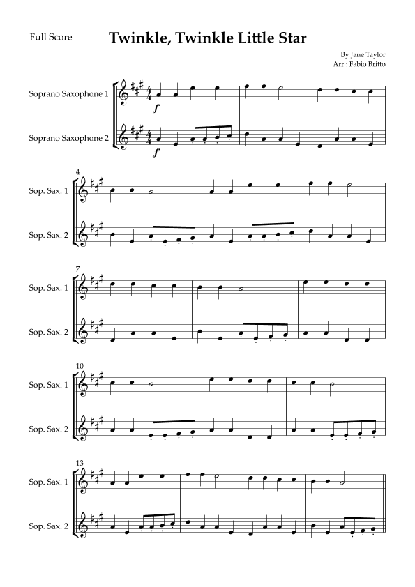 Twinkle, Twinkle Little Star for Soprano Saxophone Duo (arr. Fabio Britto)