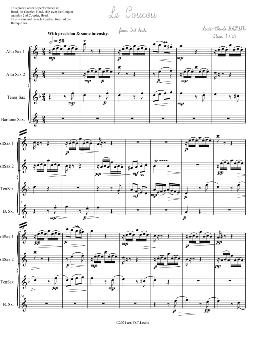 Le Coucou by DAQUIN for Sax Quartet (arr. Derrick Thomas Lewis)