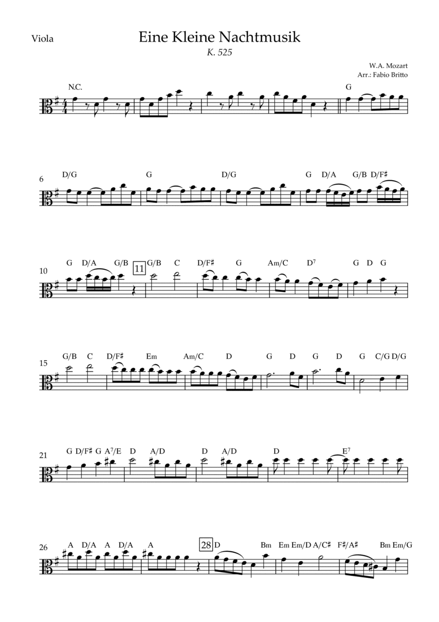 Eine kleine Nachtmusik (W.A. Mozart) for Viola Solo with Chords (Simplified) (arr. Fabio Britto)