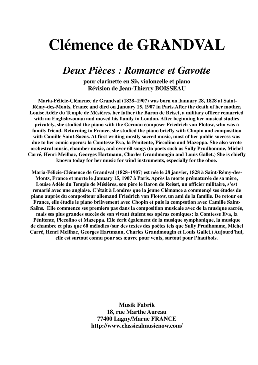 Clémence de Grandval: Deux Pièces: Romance et Gavotte for Bb clarinet, violoncello and piano (arr. Jean-Thierry Boisseau)