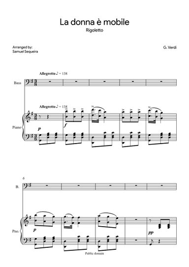 La donna è mobile - for Bass - in G (arr. Samuel Sequeira)