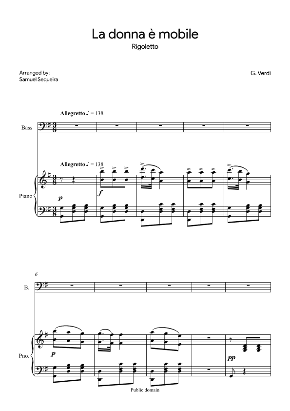 La donna è mobile - for Bass - in G (arr. Samuel Sequeira)
