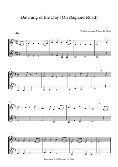 Dawning of the Day (trad. Irish air aka On Ragland Road), easy violin duet (arr. Marco De Boni)