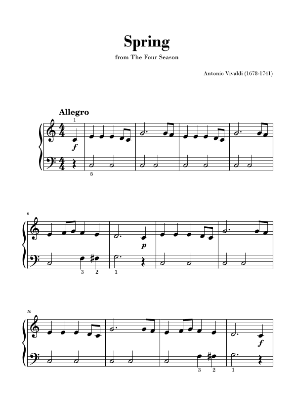 Spring from 'The Four Seasons' by Vivaldi - Easy/Beginner Piano (arr. Gisele Sant'Ana)