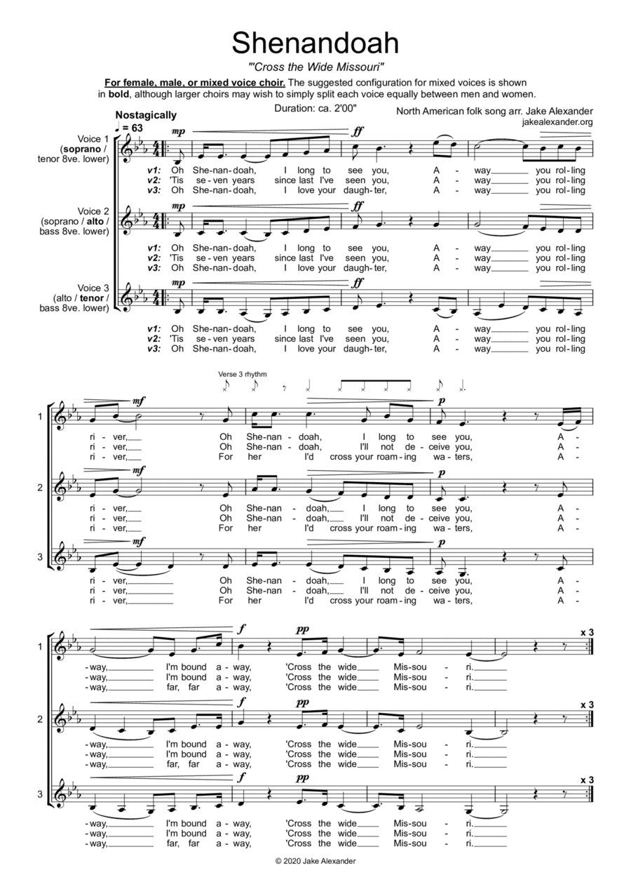 Shenandoah - SSA/TBB/SAT a cappella (arr. Jake Alexander)