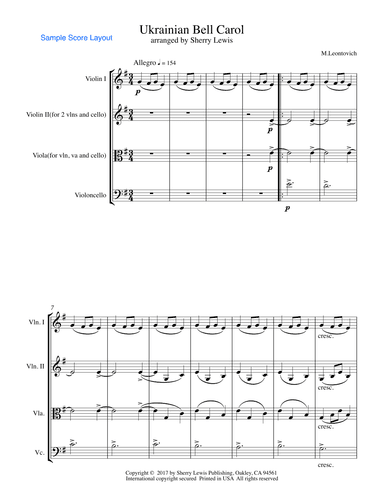 UKRAINIAN BELL CAROL (Carol of the Bells) String Trio, Intermediate Level for 2 violins and cello or (arr. Sherry Lewis)