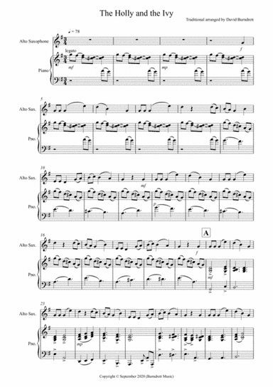 The Holly and the Ivy for Alto Saxophone and Piano (arr. David Burndrett)
