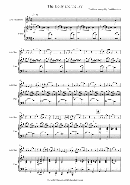 The Holly and the Ivy for Alto Saxophone and Piano (arr. David Burndrett)
