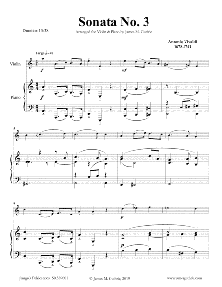 Vivaldi: Sonata No. 3 for Violin & Piano (arr. James M. Guthrie, ASCAP)