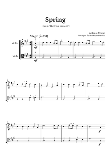 Spring from "The Four Seasons" (Violin and Viola) - Beginner Level (arr. Henrique Oliveira)