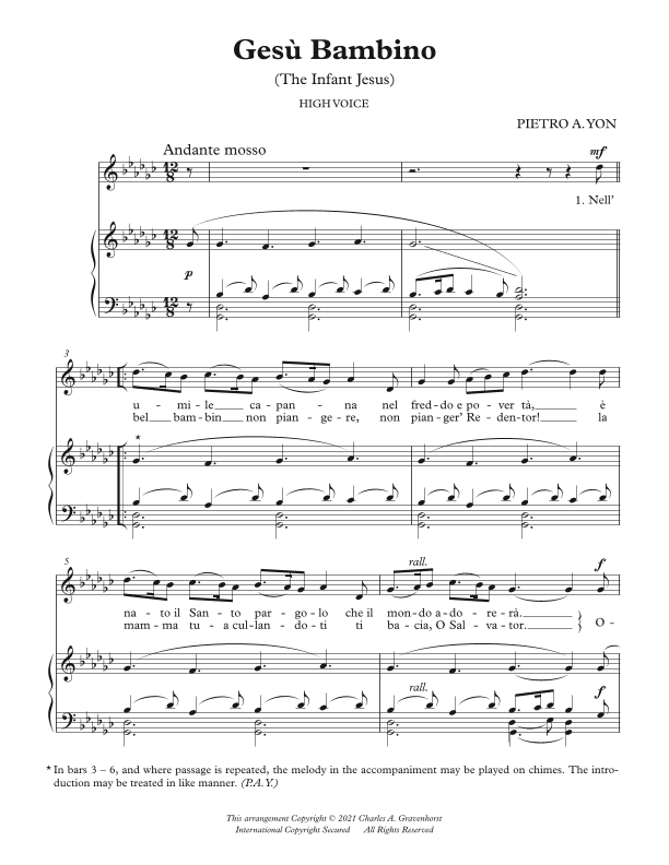 Gesu Bambino – High Solo Voice (G-flat) (Gb) & Piano (arr. Charles A. Gravenhorst)