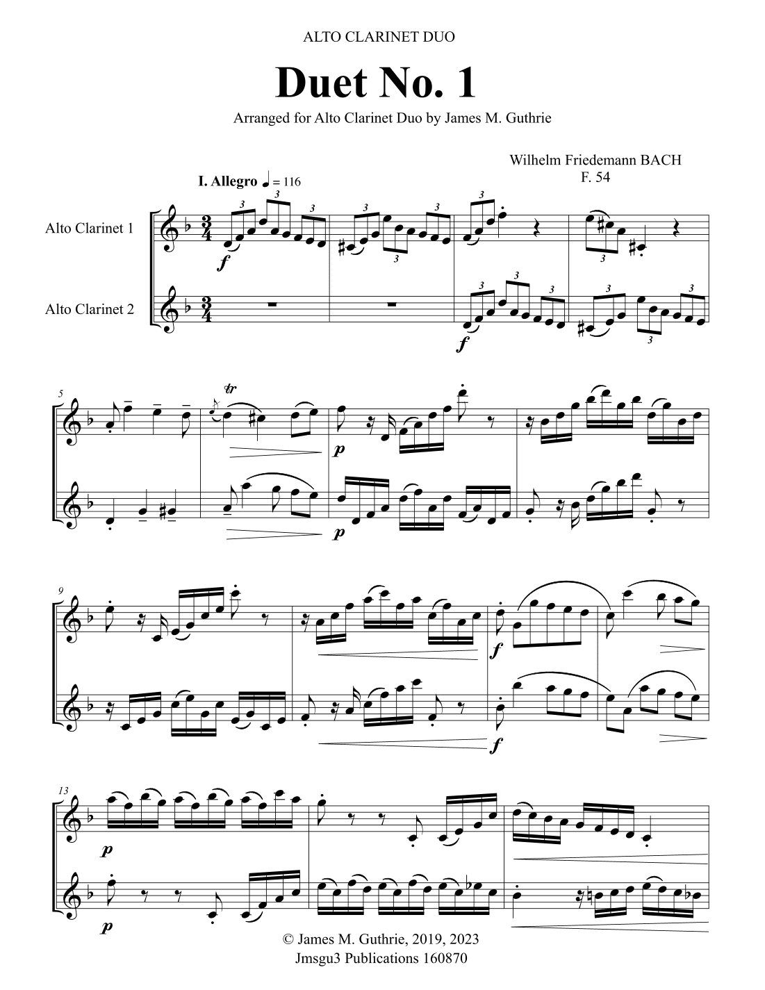 WF Bach: Duet No. 1 for Alto Clarinet Duo (arr. James M. Guthrie, ASCAP)