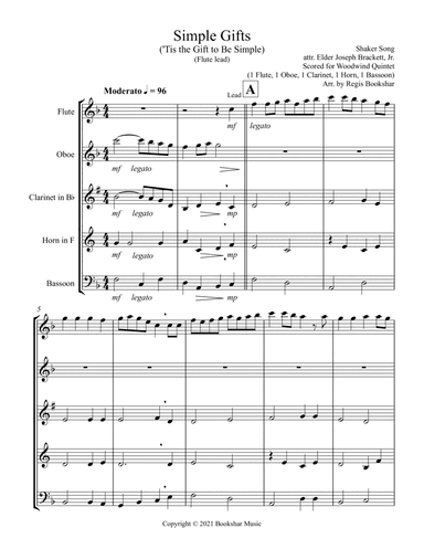 Simple Gifts ('Tis the Gift to Be Simple) (F) (Woodwind Quintet - 1 Flute, 1 Oboe, 1 Clar, 1 Hrn, 1 (arr. Regis Bookshar)
