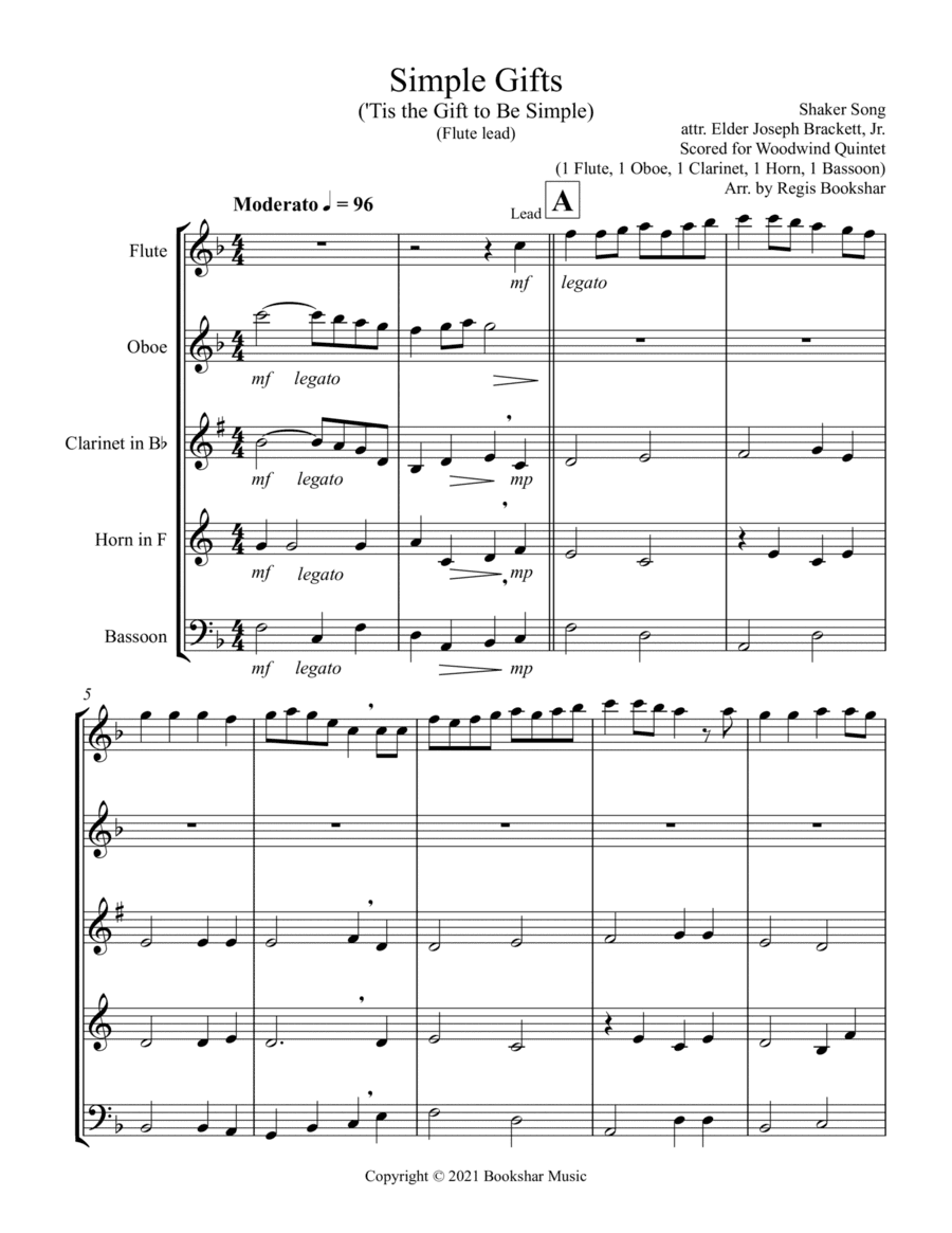 Simple Gifts ('Tis the Gift to Be Simple) (F) (Woodwind Quintet - 1 Flute, 1 Oboe, 1 Clar, 1 Hrn, 1 (arr. Regis Bookshar)