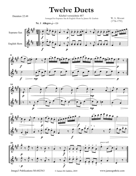 Mozart: 12 Duets K. 487 for Soprano Sax & English Horn (arr. James M. Guthrie, ASCAP)